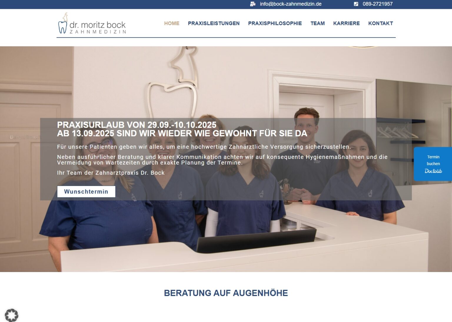 Eine Referenzseite von einem Zahnarzt Dr. Moritz Bock Hauptseite